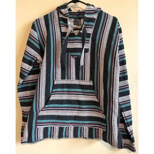 Original Senor Lopez Hoodie Sweater Poncho Size Med Black Pink Teal Baja Beach